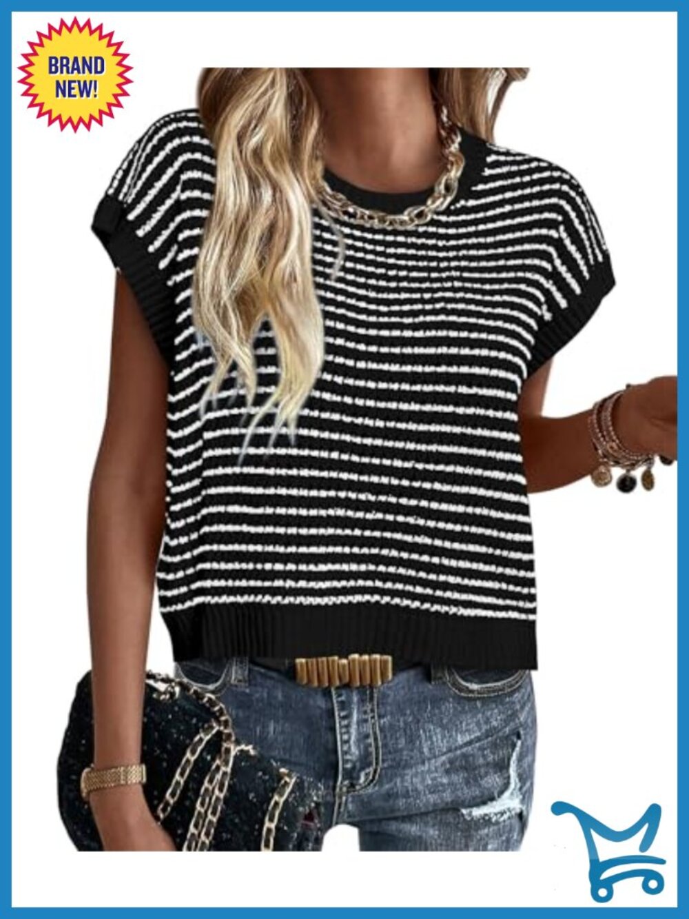 Striped Short Sleeve Sweater Vest Cap Sleeve Knit Pullover Top